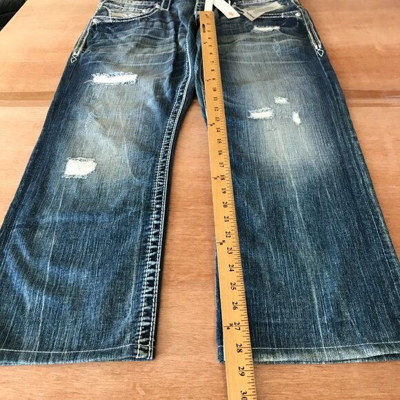 Rock Revival Suhul Straight Jeans Men 38x28 Blue Mid Rise Distressed Embroidered - Picture 9 of 16